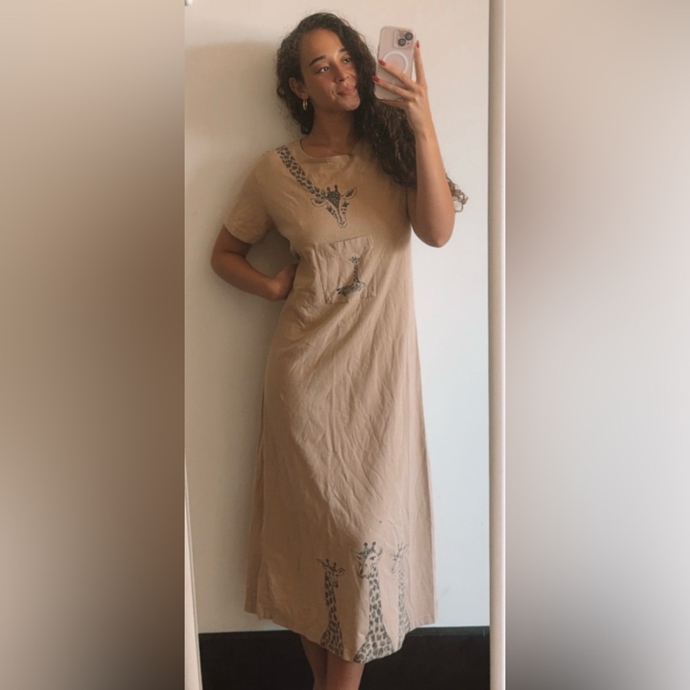 Vintage 1980s Olivia Rose Cotton Jersey Giraffe Sketch Art Maxi Dress in Tan